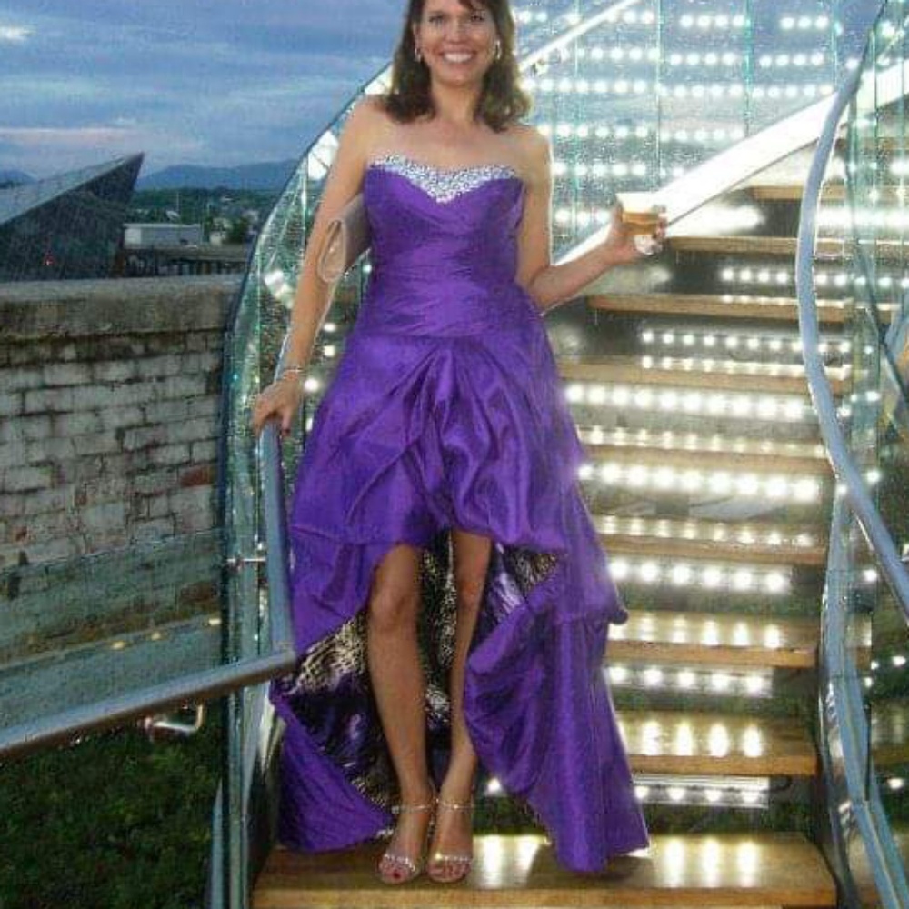Faviana Couture purple straples hi-low formal gown